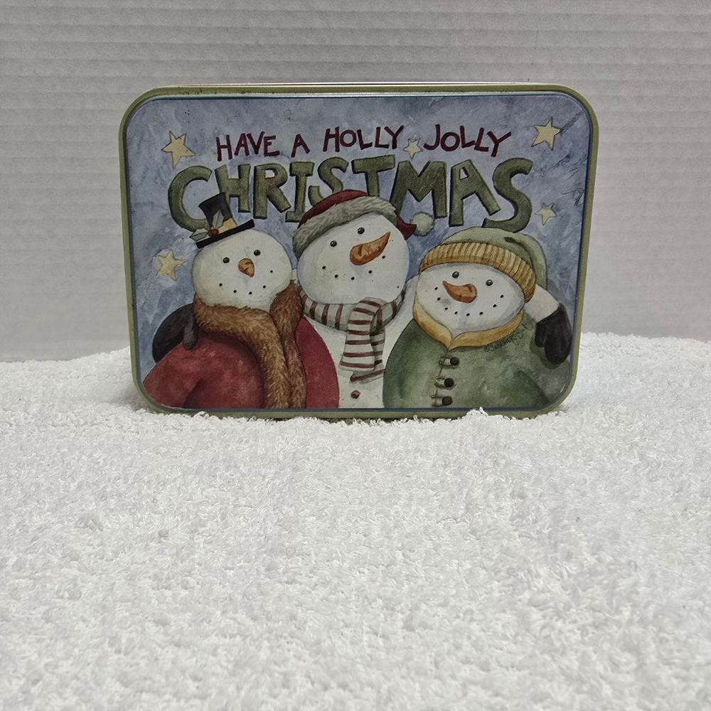 Lindy Bowman "Have a Holly Jolly Christmas" snowmen tin box.
